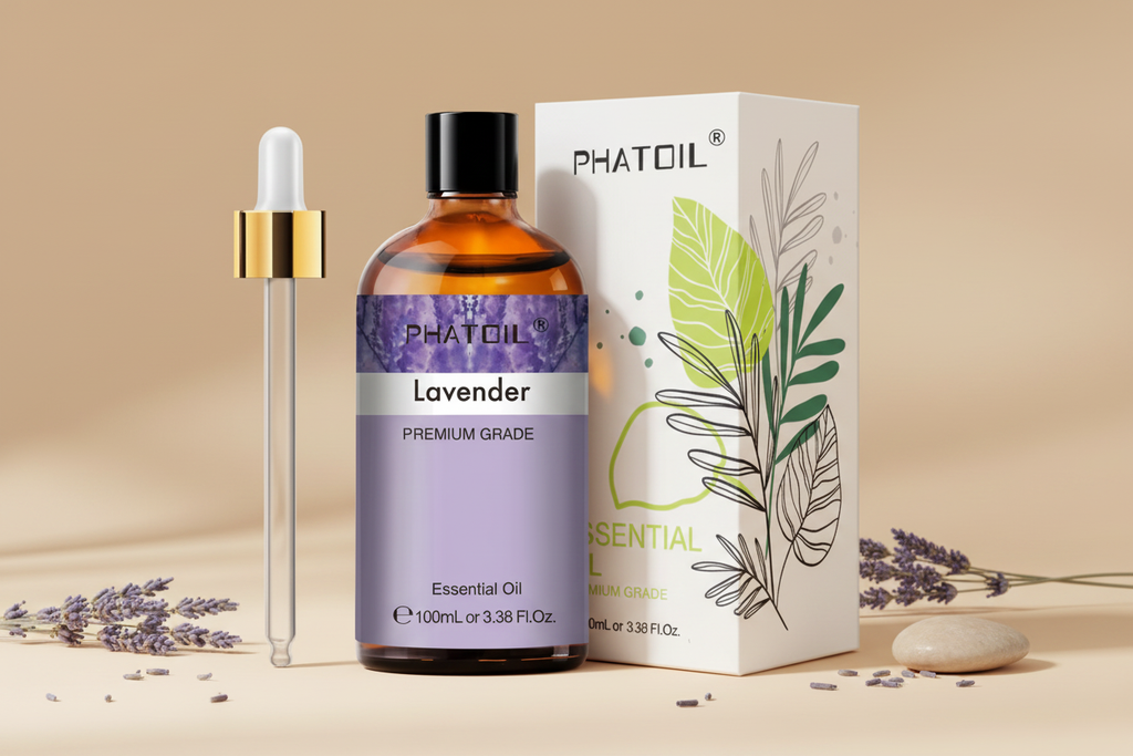 Sacred Essence Lavender Essential Oil 100ml on beige background