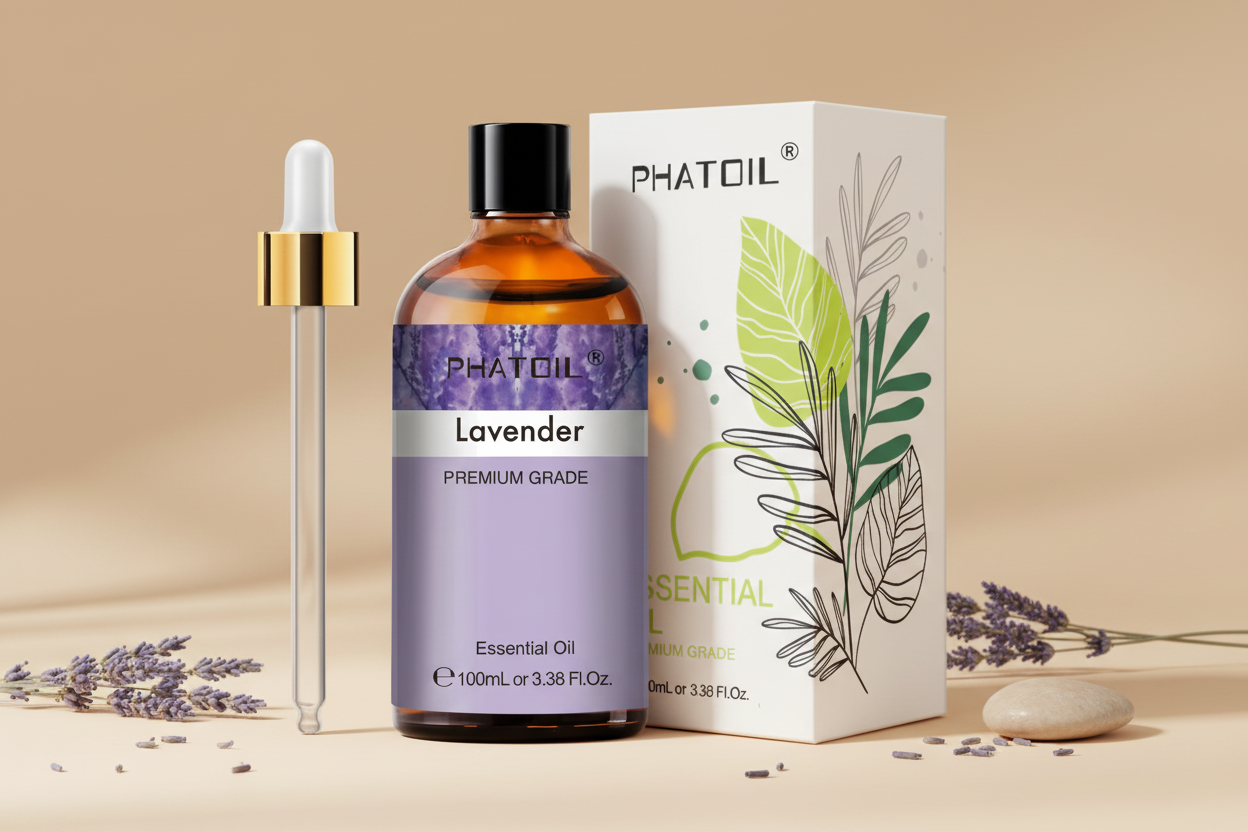 Sacred Essence Lavender Essential Oil 100ml on beige background